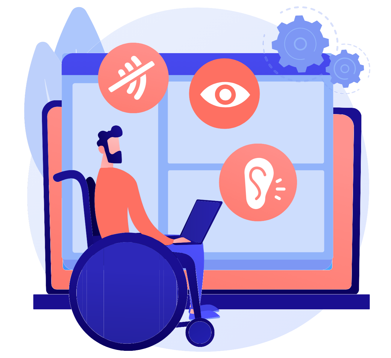 Vector illustration of a big monitor with a man on a wheelchair. There is an icon for cognitive disability, visual impairment, and hard of hearing.