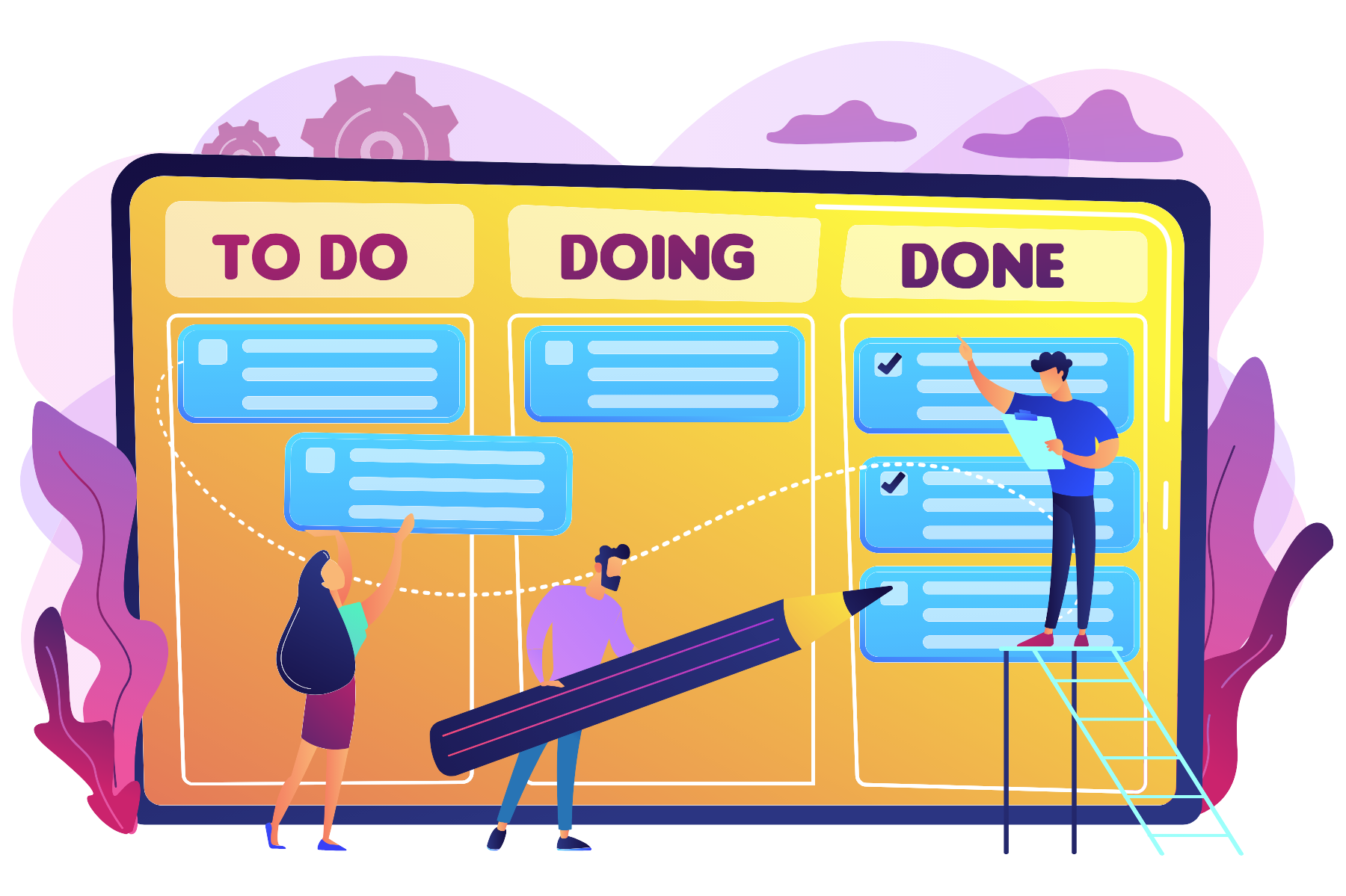 Vector illustration of a big monitor with 3 columns labeled, "To do", "Doing", "Done". Person 1 on top of a ladder checking label "Done", person 2 holding a gigantic pencil under label "Doing", and person 3 filling out "To Do" label.