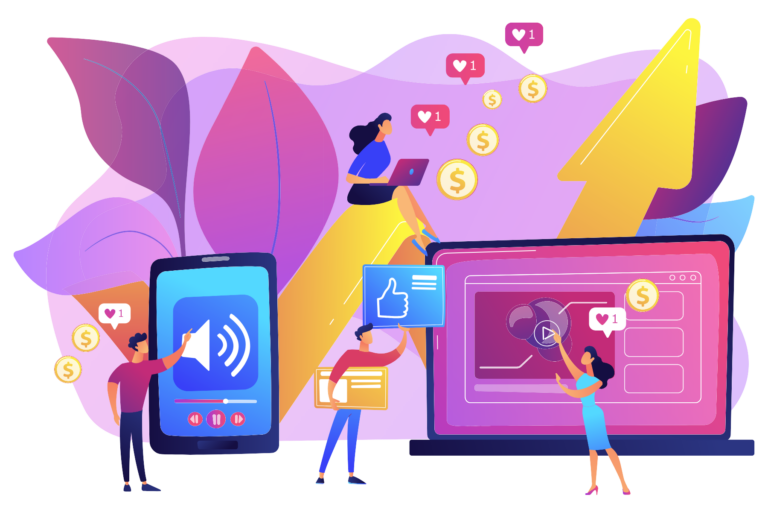 A vector illustration of people using social media. There's a person with laptop, others in front of a big laptop and smartphone screen. Shades of purple and pink.