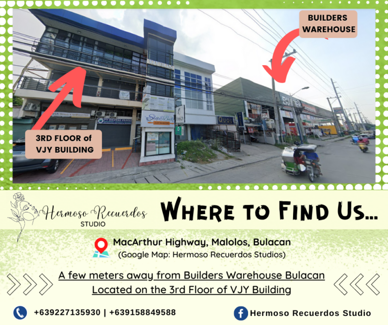 5 of 7 Square post of "Where to Find Us" content. Contains Hermoso Recuerdos Studio's exact location. Front view of the studio's building with arrows pointing directions and landmarks nearby. Shades of green theme color.