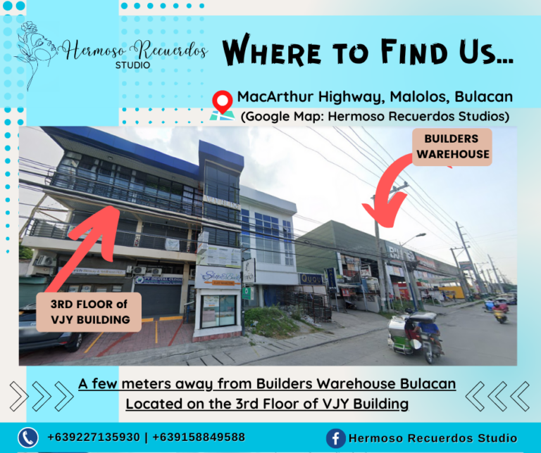 1 of 7 Square post of "Where to Find Us" content. Contains Hermoso Recuerdos Studio's exact location. Front view of the studio's building with arrows pointing directions and landmarks nearby. Shades of blue theme color.