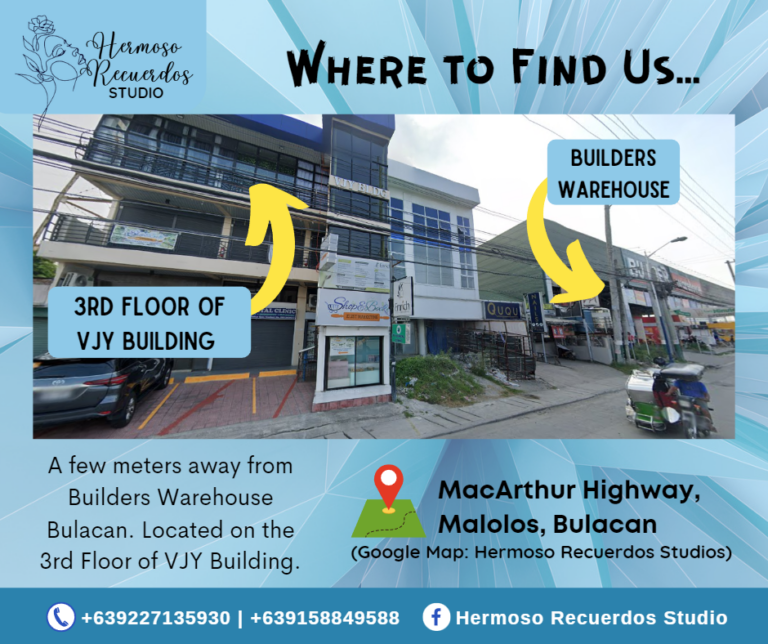 3 of 7 Square post of "Where to Find Us" content. Contains Hermoso Recuerdos Studio's exact location. Front view of the studio's building with arrows pointing directions and landmarks nearby. Shades of blue theme color.