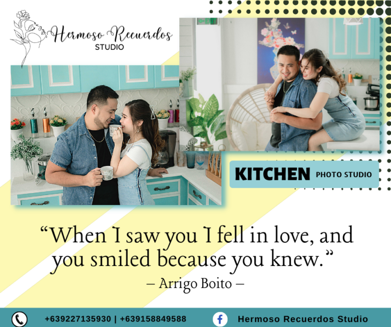 1 of 12 Square carousel post. Bluegreen and yellow color combo. Features 2 photos of a couple posing for their pre-nup in the Kitchen photo studio. Has a quote "When I saw you, I fell in love and you smiled because you knew" by Arrigo Boito.