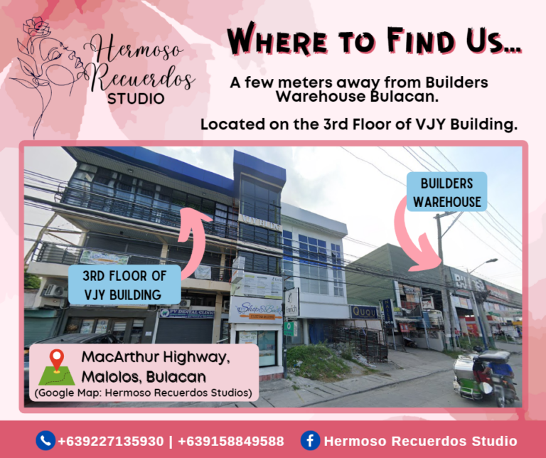 7 of 7 Square post of "Where to Find Us" content. Contains Hermoso Recuerdos Studio's exact location. Front view of the studio's building with arrows pointing directions and landmarks nearby. Shades of pink theme color.