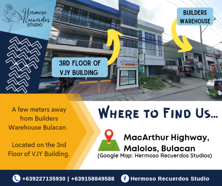 6 of 7 Square post of "Where to Find Us" content. Contains Hermoso Recuerdos Studio's exact location. Front view of the studio's building with arrows pointing directions and landmarks nearby. Yellow and dark blue theme color.