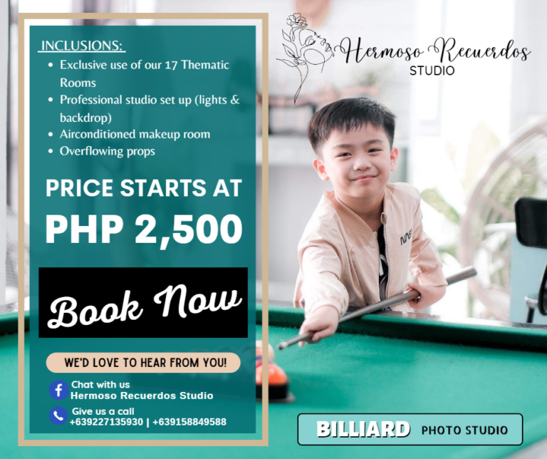 9 of 13 Square carousel post. A photo of a kid playing billiard in the Billiard photo studio. Smiling for the camera while holding a billiard stick. On the left side is the studio details and socials. Shades of dark bluegreen.