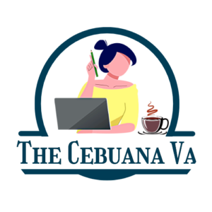 The Cebuana VA logo. A vector illustration of a woman with laptop in front and a coffee on her left side. A golden arch surrounding her, and a text below, "The Cebuana VA" also in gold color.