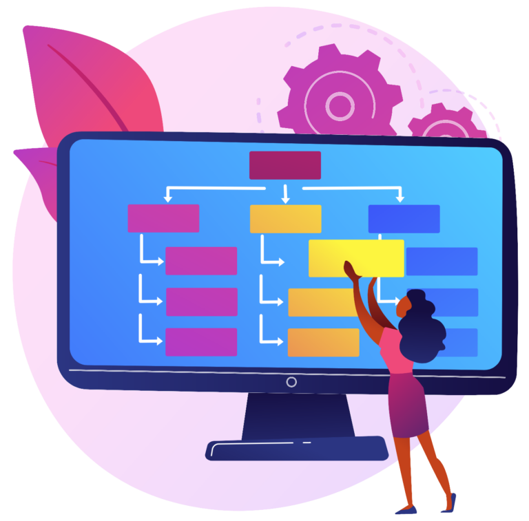 Vector illustration of a big pc monitor with diagram, a woman trying to complete the diagram.