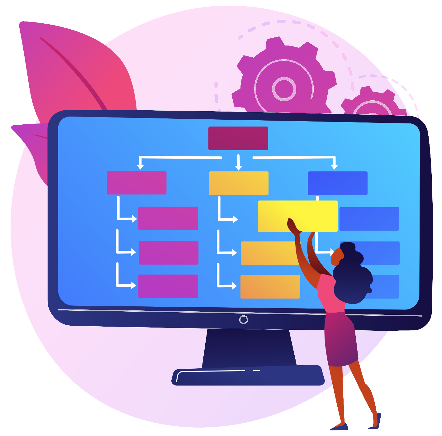 Vector illustration of a big pc monitor with diagram, a woman trying to complete the diagram.